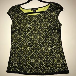 Express Black Lace Cap Sleeve Blouse Chartruese